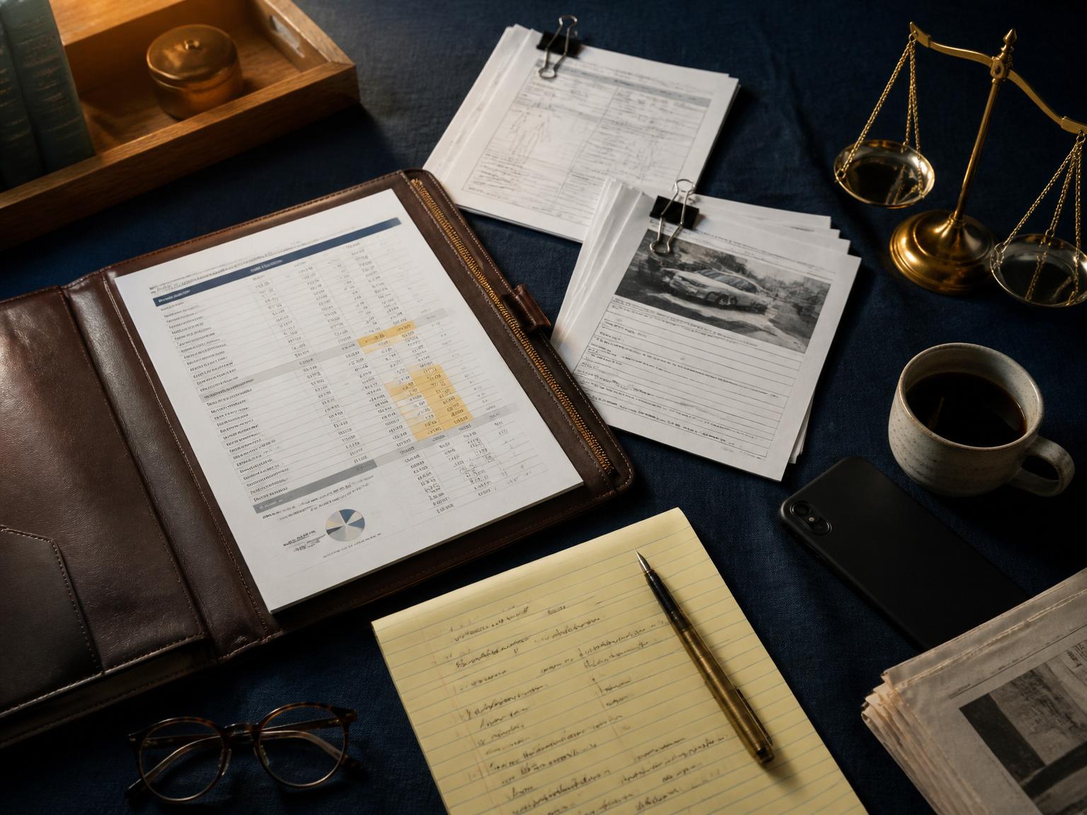 Editorial flat-lay of a personal injury claim workup: settlement worksheet, medical bills, police report, legal pad with notes, and a brass scale of justice on a navy desk